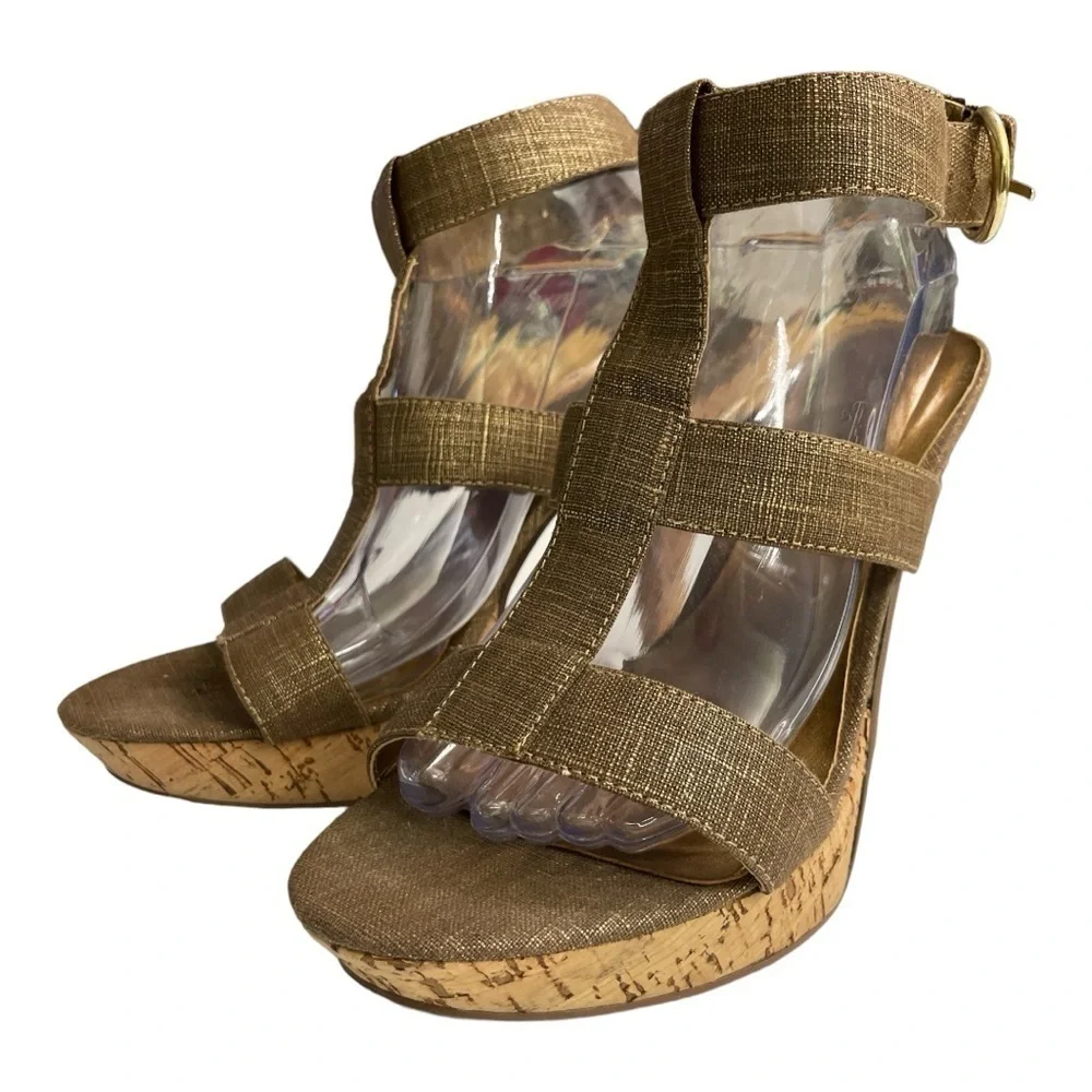 Chinese laundry denim and gold strapped cork heels size 10M